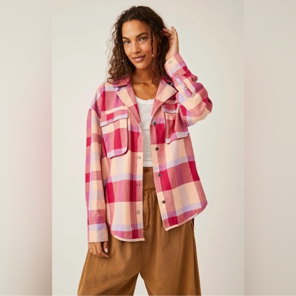 Free People We The Free Izzie Plaid Flannel Cargo Shirt Jacket Shacket Small - Picture 2 of 6